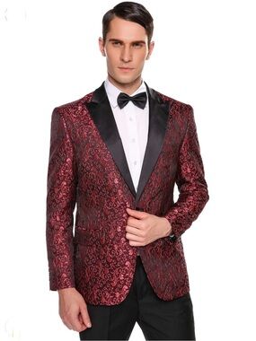 COOFANDY Red Black Floral Paisley Polyester Blend Tuxedo Jacket Size L(44-46)